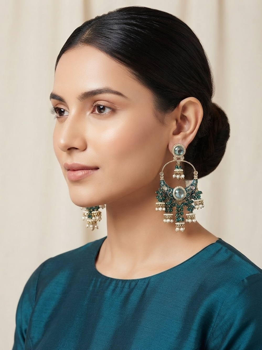 Elegant Teal and Gold Statement Chandbali Earrings - Women Jewelry